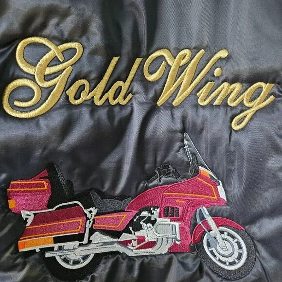 Vintage 90s Black Satin Bomber Jacket Moto Goldwing Graphic NAME Cardinal XL - Picture 2 of 13